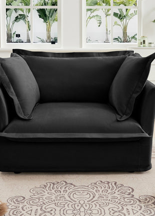 Slip-covered Armchair with 1 Big Back Cushion and 2 Big Toss Pillows, Single Deep Seat Comfy Single Couch Sofa Multiple Large Soft Pillows, Chenille Fabric, Black-1