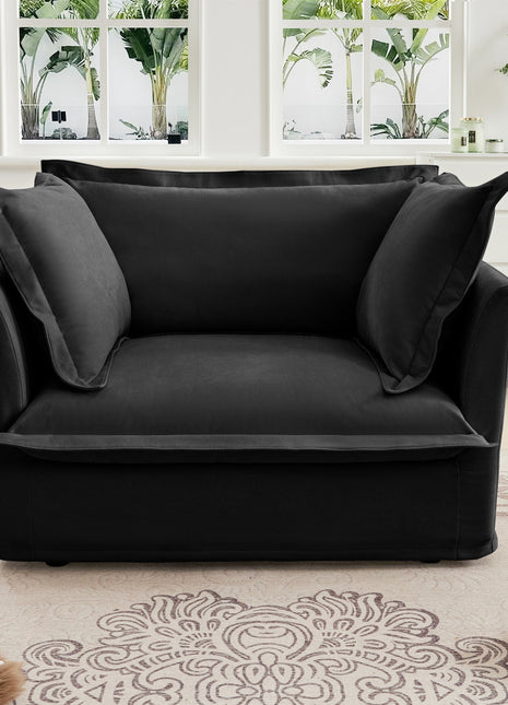 Slip-covered Armchair with 1 Big Back Cushion and 2 Big Toss Pillows, Single Deep Seat Comfy Single Couch Sofa Multiple Large Soft Pillows, Chenille Fabric, Black-1