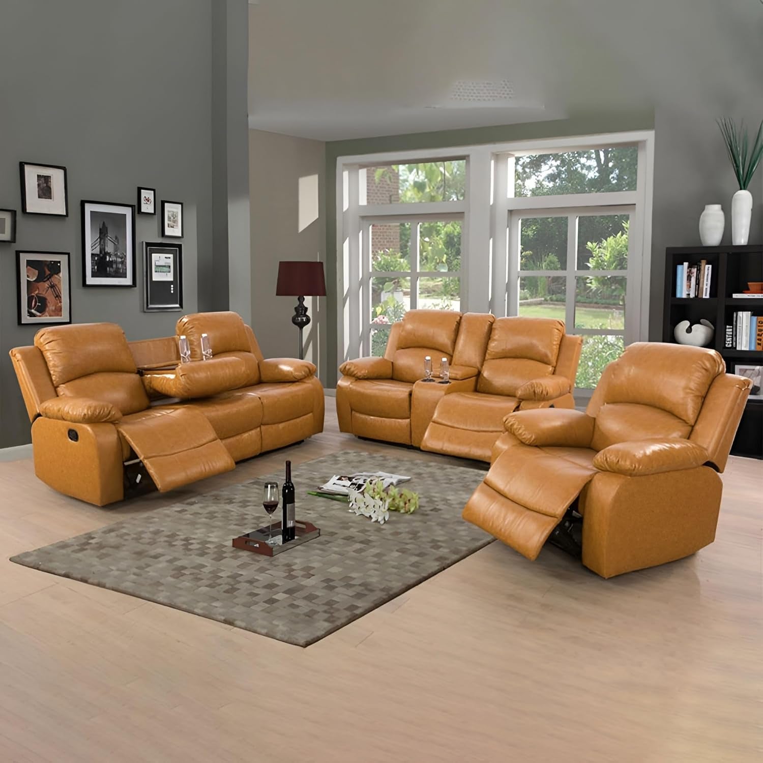 Brown leather recliner sofa set in a living room with decor elements.