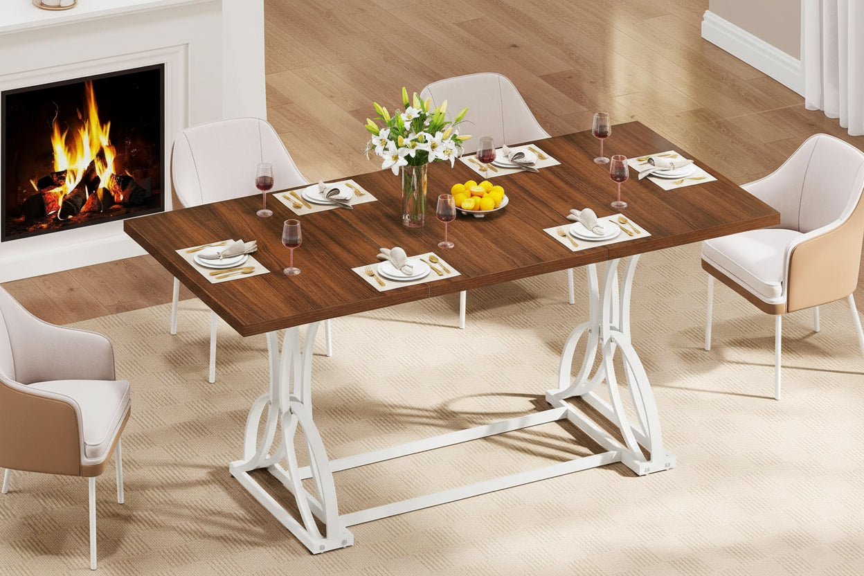 Dining table set in a room with chairs and a fireplace, featuring text 'VERSatile Applications' and images of people at different settings.