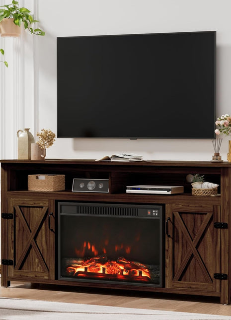 Farmhouse Fireplace TV Stand for Tvs up to 65 Inch Highboy Entertainment Center with Open Storage and Side Cabinets Rustic Media Console Table with Barn Doors for Living Room (Barnwood)