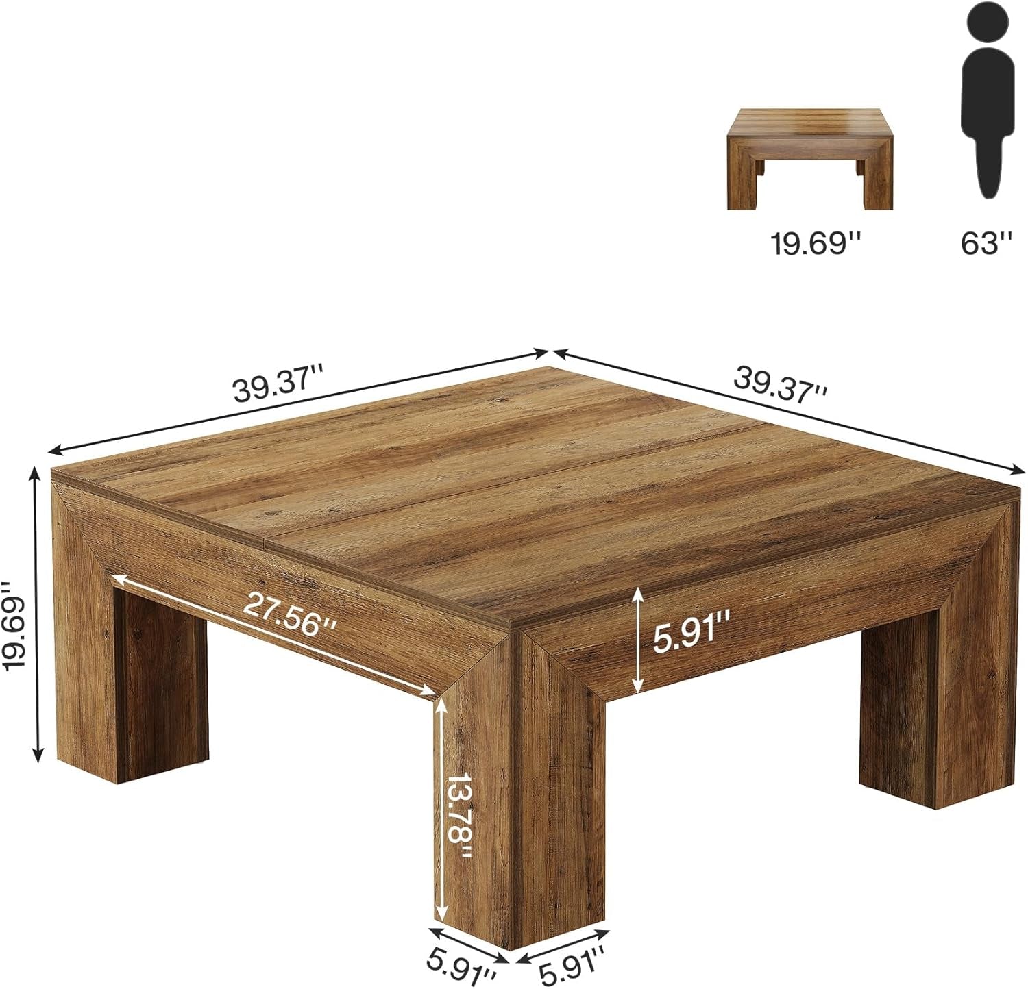Wooden coffee table with dimensions labeled on a white background