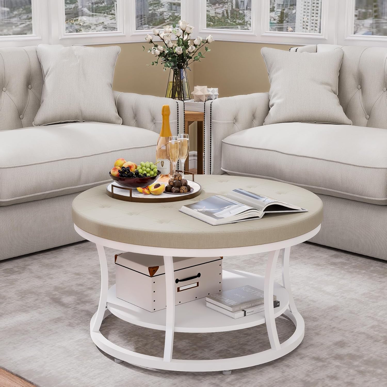 Round coffee table with fruit and magazine in a living room setting
