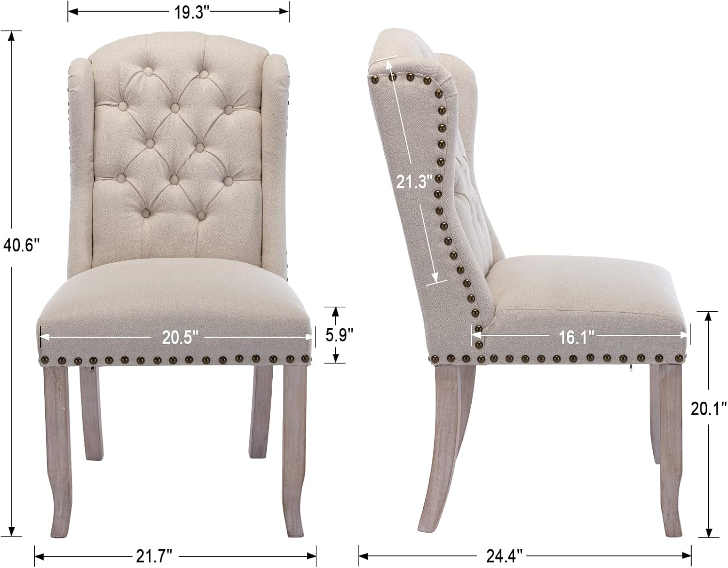 Beige upholstered chair with dimensions labeled on a white background