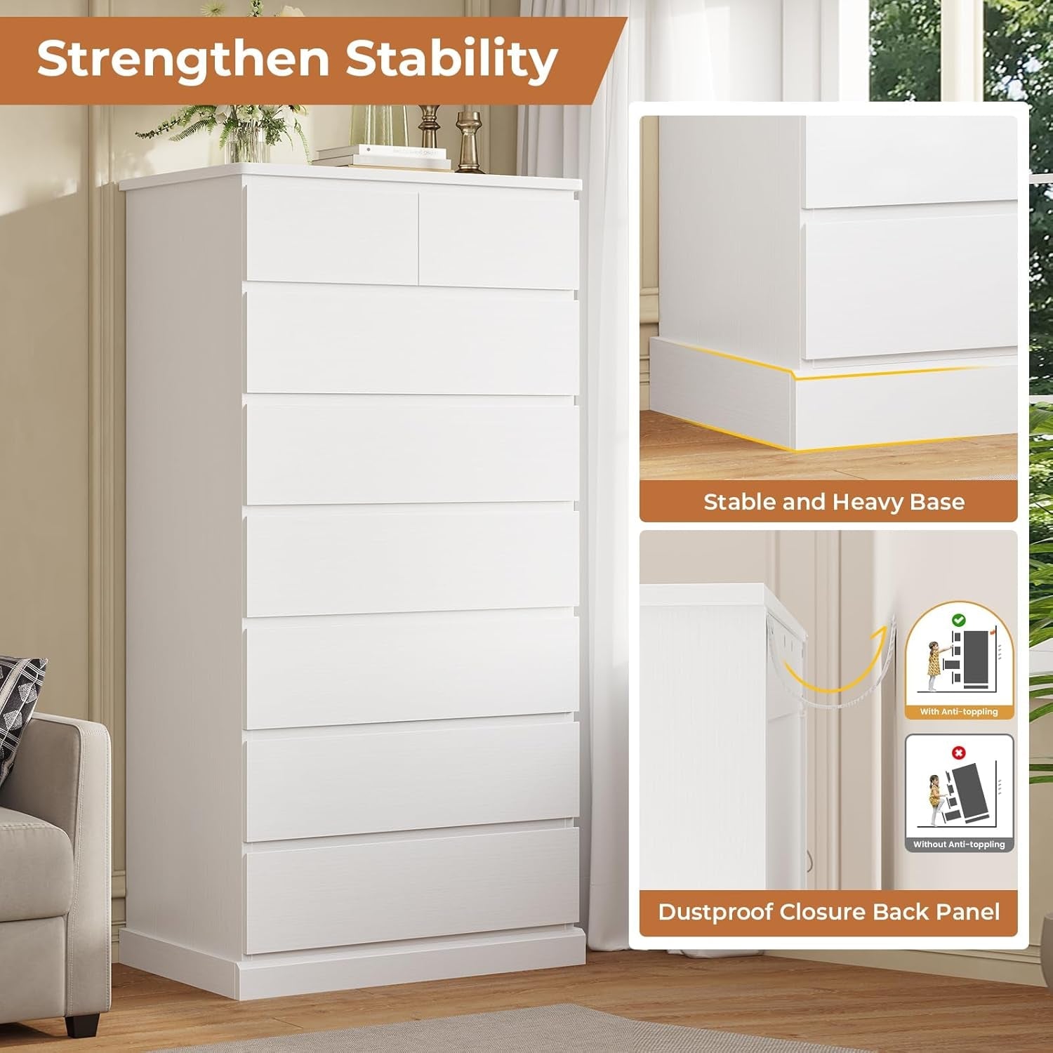 White dresser with features highlighted on a wooden floor.