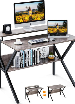 Small Desk, 27.5 Inch Small Computer Desk for Small Spaces, Compact Desk with Storage, Tiny Desk Study Desk with Monitor Stand for Home Office, Grey-0