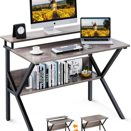 Small Desk, 27.5 Inch Small Computer Desk for Small Spaces, Compact Desk with Storage, Tiny Desk Study Desk with Monitor Stand for Home Office, Grey-0