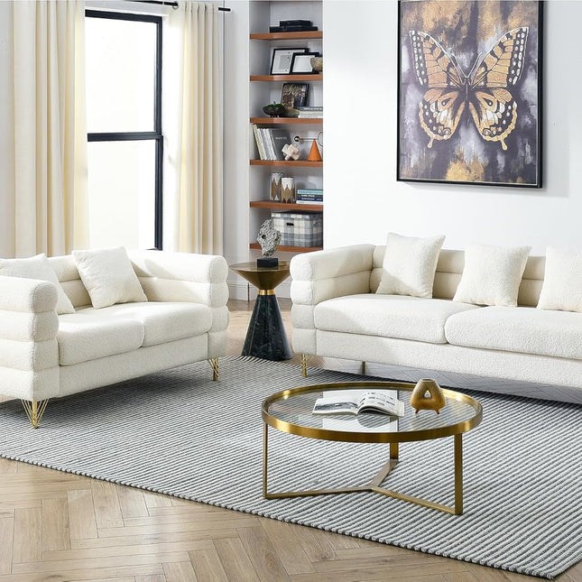 Sofa, 2 Pieces Sofa Set,Oversize 2/3 Seater Extra Deep Seat Sofa,Modern Upholstered Futon White Sofa Couch, Comfy Bouclé Cloud Sofa,Furniture for Living Room,Bedroom,Office,Apartment(White)-0