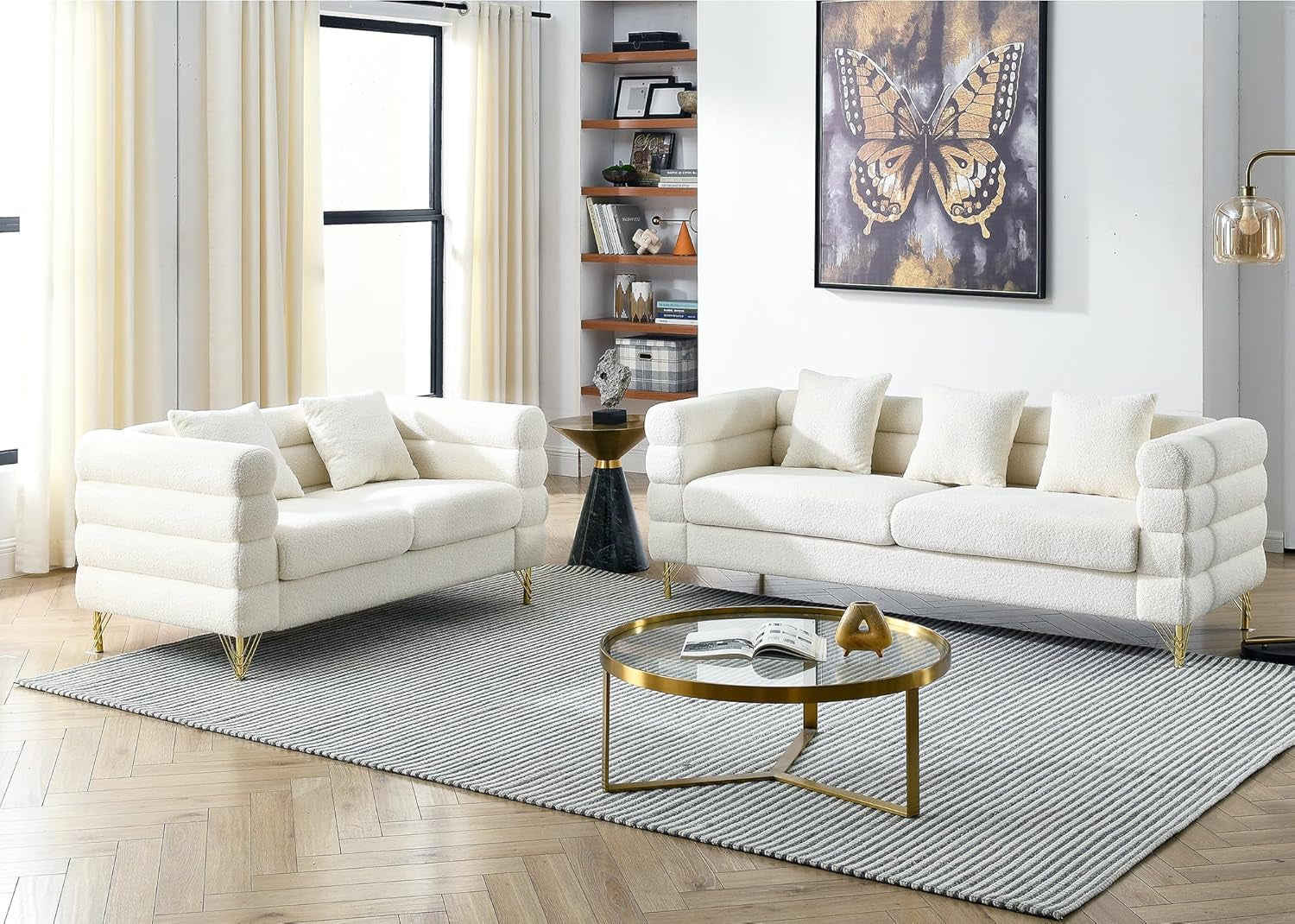 Sofa, 2 Pieces Sofa Set,Oversize 2/3 Seater Extra Deep Seat Sofa,Modern Upholstered Futon White Sofa Couch, Comfy Bouclé Cloud Sofa,Furniture for Living Room,Bedroom,Office,Apartment(White)-0