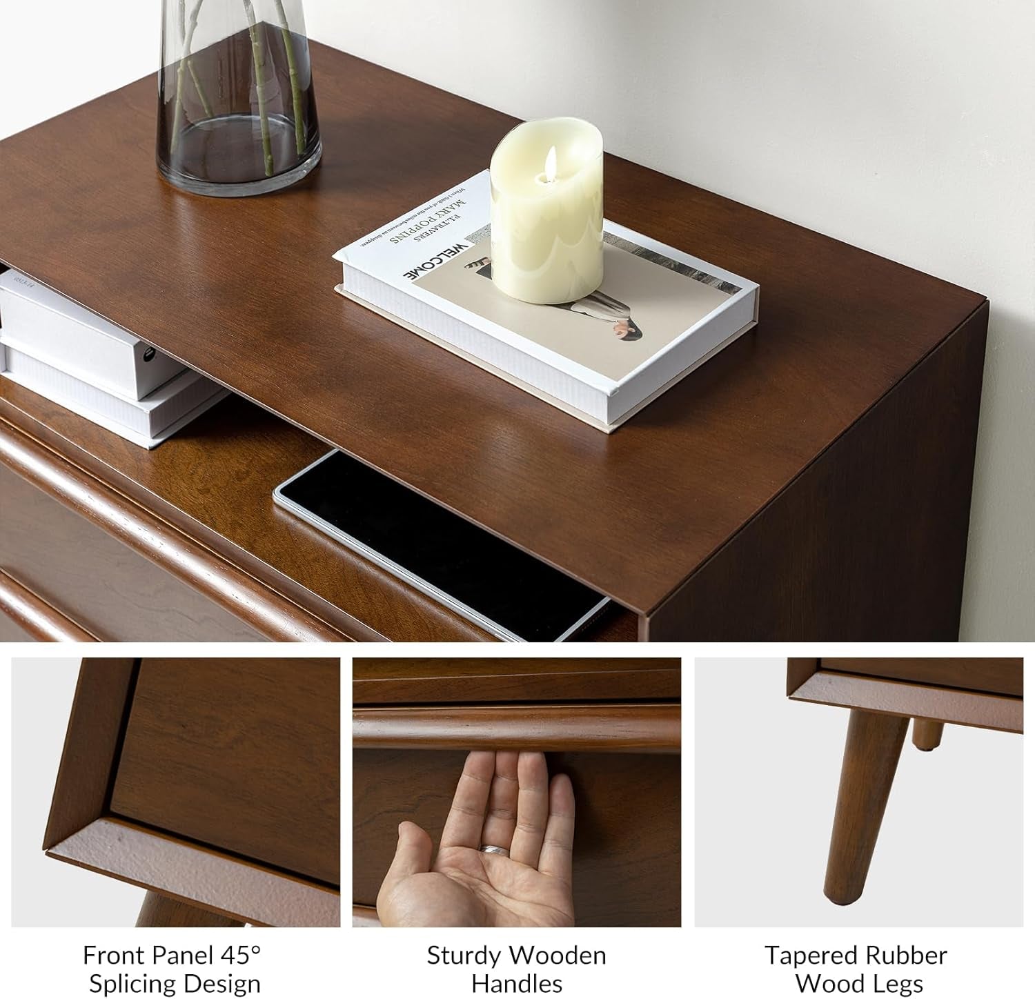 Wooden shelf with a candle and book, showing close-up details of design elements.