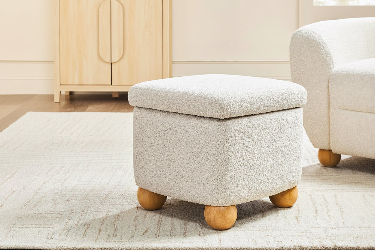 Beige ottoman with storage compartment in a living room setting