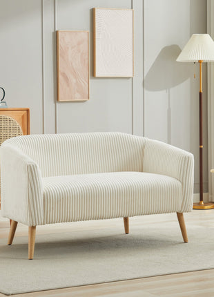 50.78'W Modern Loveseat Couch Sofa, Corduroy Fabric Upholstered 2-Seat Sofa, Wooden Nature Legs for Small Spaces Office Studio Apartment Bedroom, Ivory-3