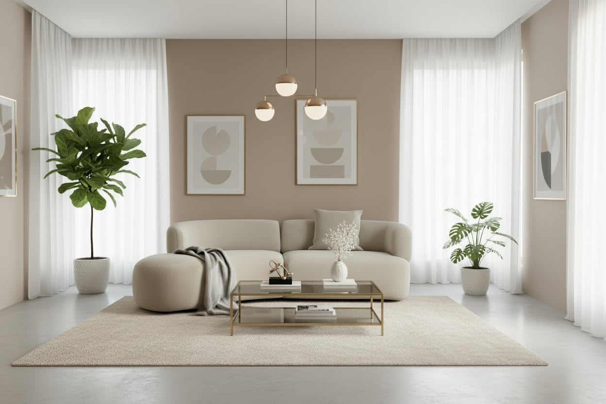 Beige sectional sofa in a room with a warm color scheme
