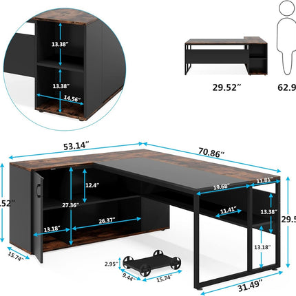 71 Inch Executive Desk, L Shaped Desk with Cabinet Storage, Executive Office Desk with Shelves, Business Furniture Desk Workstation for Home Office, Brown and Black-1