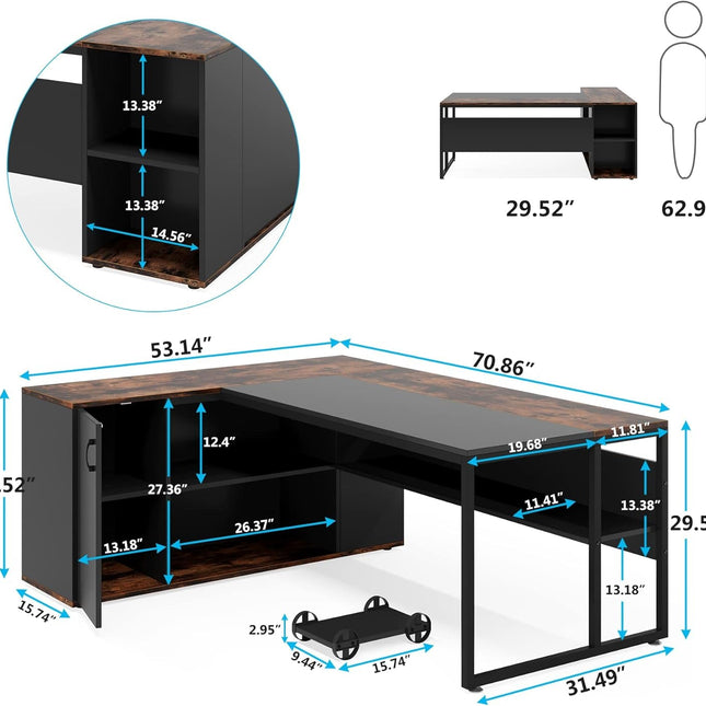 71 Inch Executive Desk, L Shaped Desk with Cabinet Storage, Executive Office Desk with Shelves, Business Furniture Desk Workstation for Home Office, Brown and Black-1