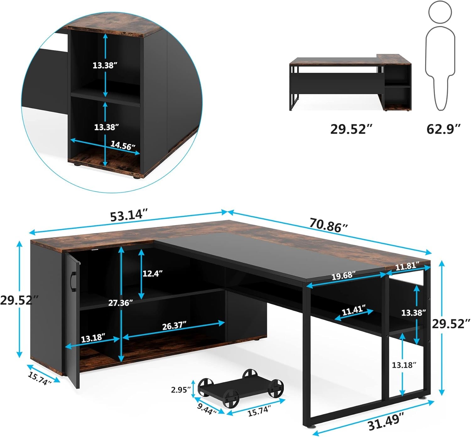 71 Inch Executive Desk, L Shaped Desk with Cabinet Storage, Executive Office Desk with Shelves, Business Furniture Desk Workstation for Home Office, Brown and Black-1