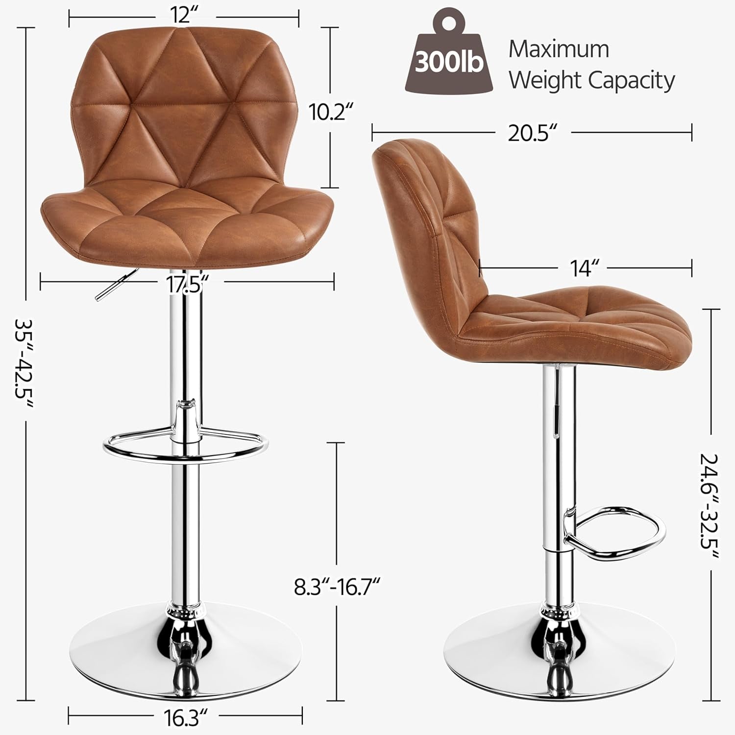 Brown bar stools with measurements and weight capacity label on a white background