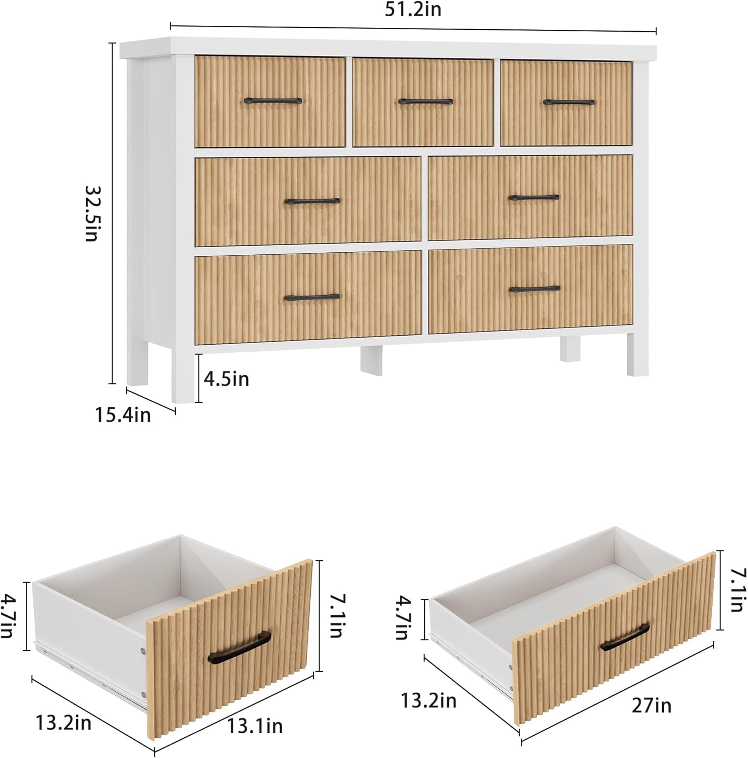 Wooden dresser with drawers and their dimensions on a white background
