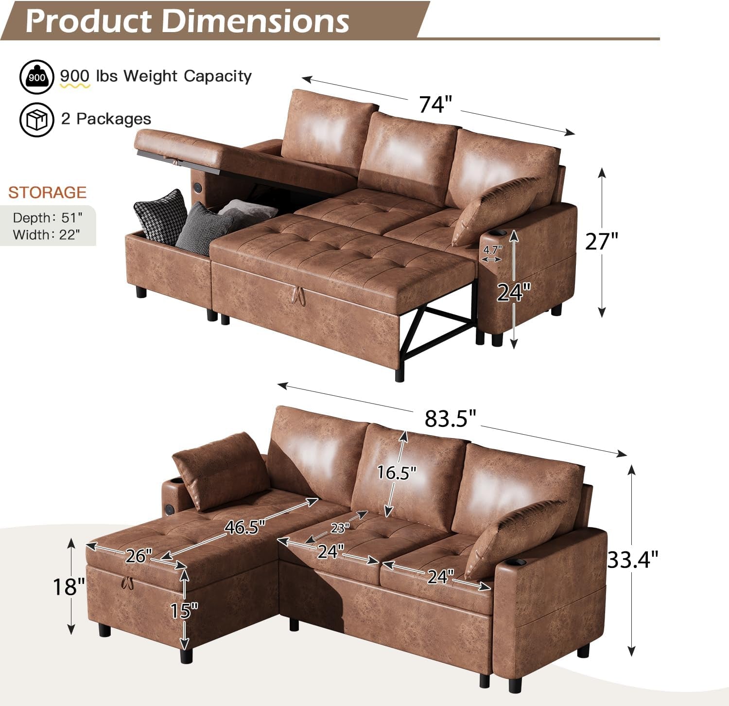 Brown Leather Sleeper Sofa Bed With Storage-1