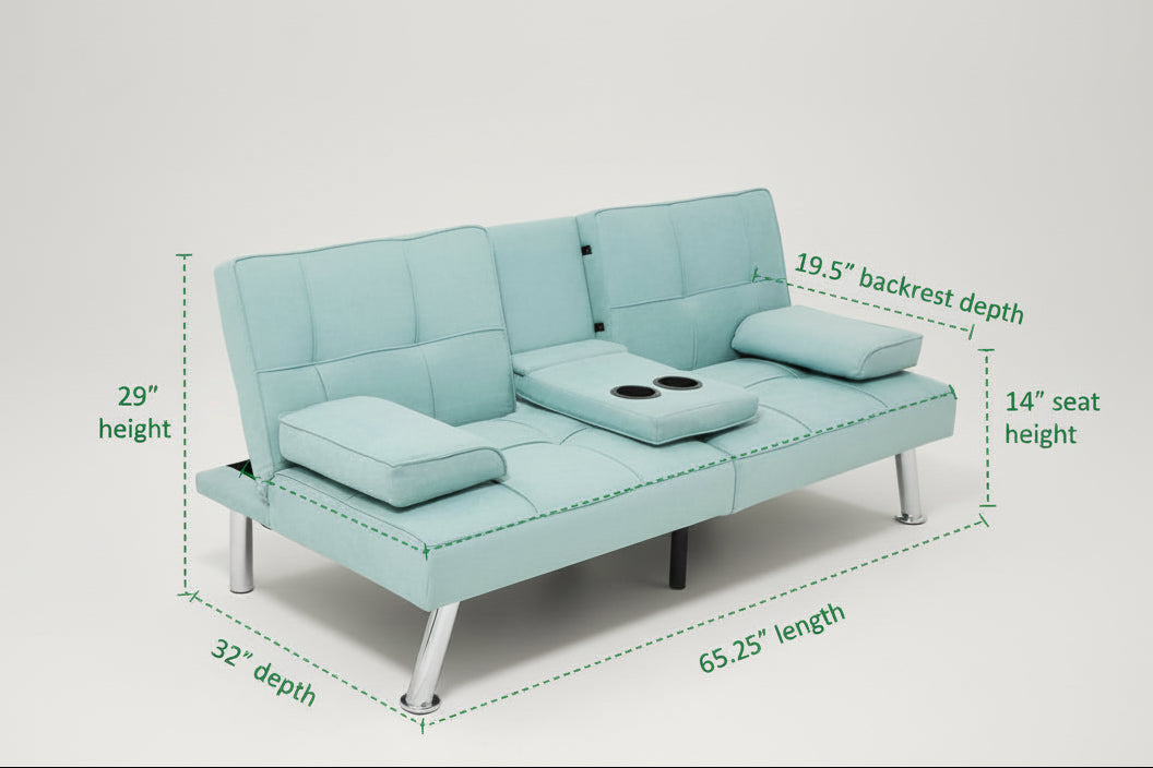 Linen Folding Futon Sofa Bed Aqua With Removable Armrests-1