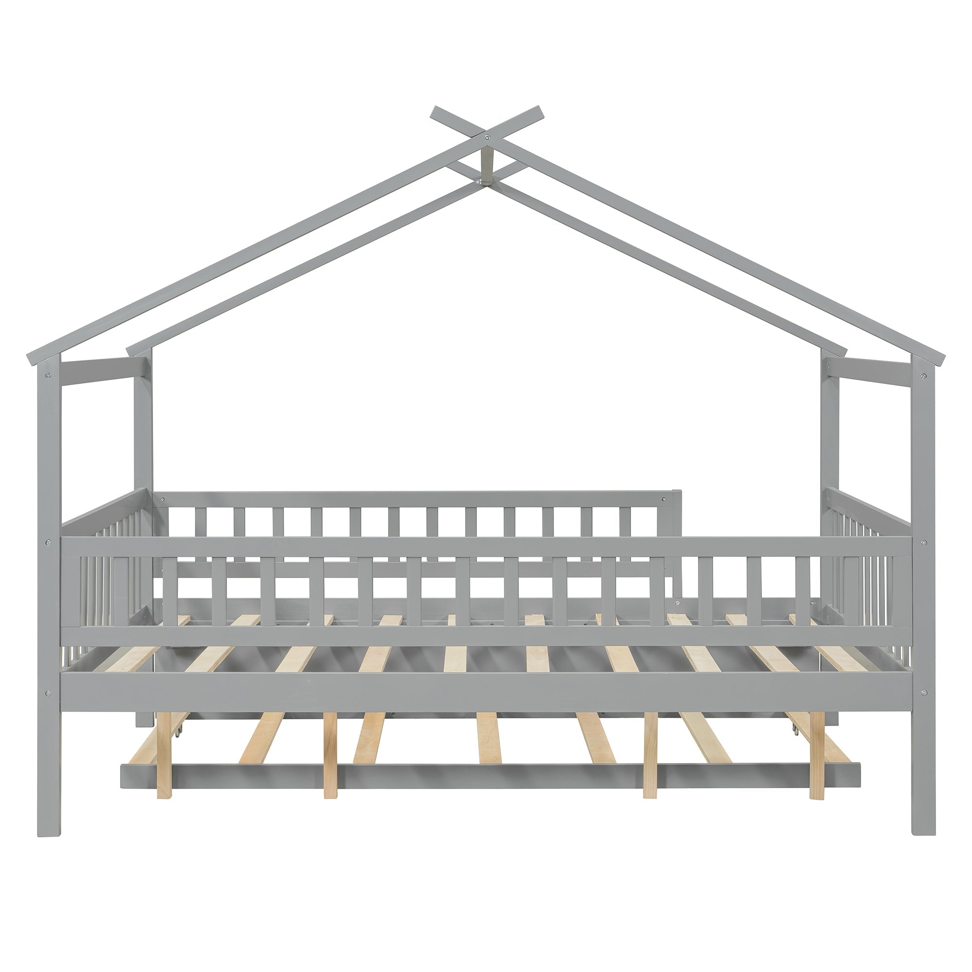 Full Size Wooden House Bed with Twin Size Trundle