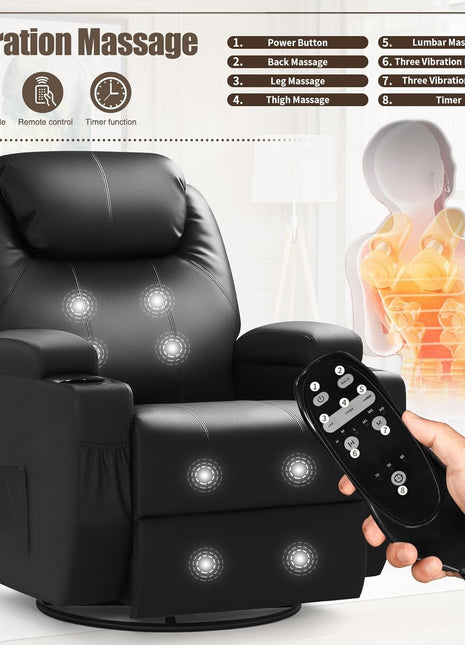 Recliner Chair, Rocking Massage Chairs, Home Reclining Sofa Chair, PU Leather, Ergonomic Living Room Chair with Cup Holders, Remote Control (Black)-2