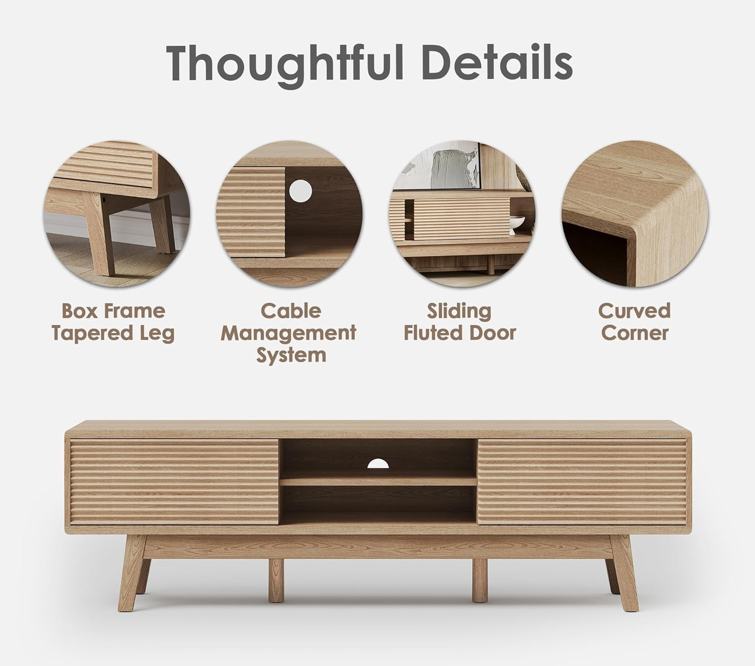 Wooden furniture with features highlighted on a white background