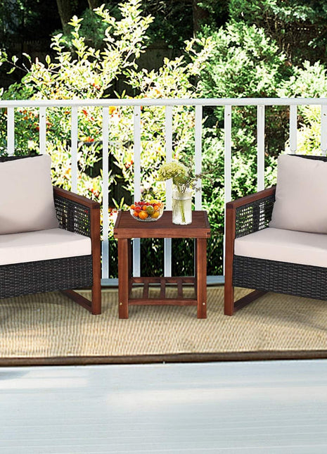 3 Pieces Outdoor Patio Furniture Set Wicker Chairs with Coffee Table, Balcony Porch Furniture Bistro Set with Wood Frame and Washable Cushions for Garden Poolside Backyard-2