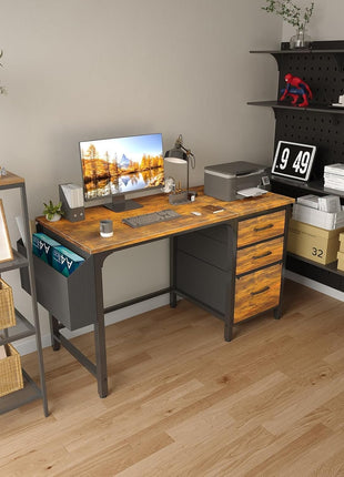 Computer Desk with Fabric File Drawers Cabinet, 47 Inch Home Office Desks with Filing Cabinet for Small Space, Study Writing Table PC Desks, Rustic Brown-1