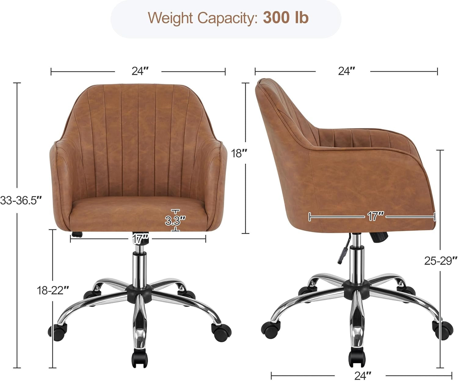 Brown office chair with dimensions and weight capacity on a white background