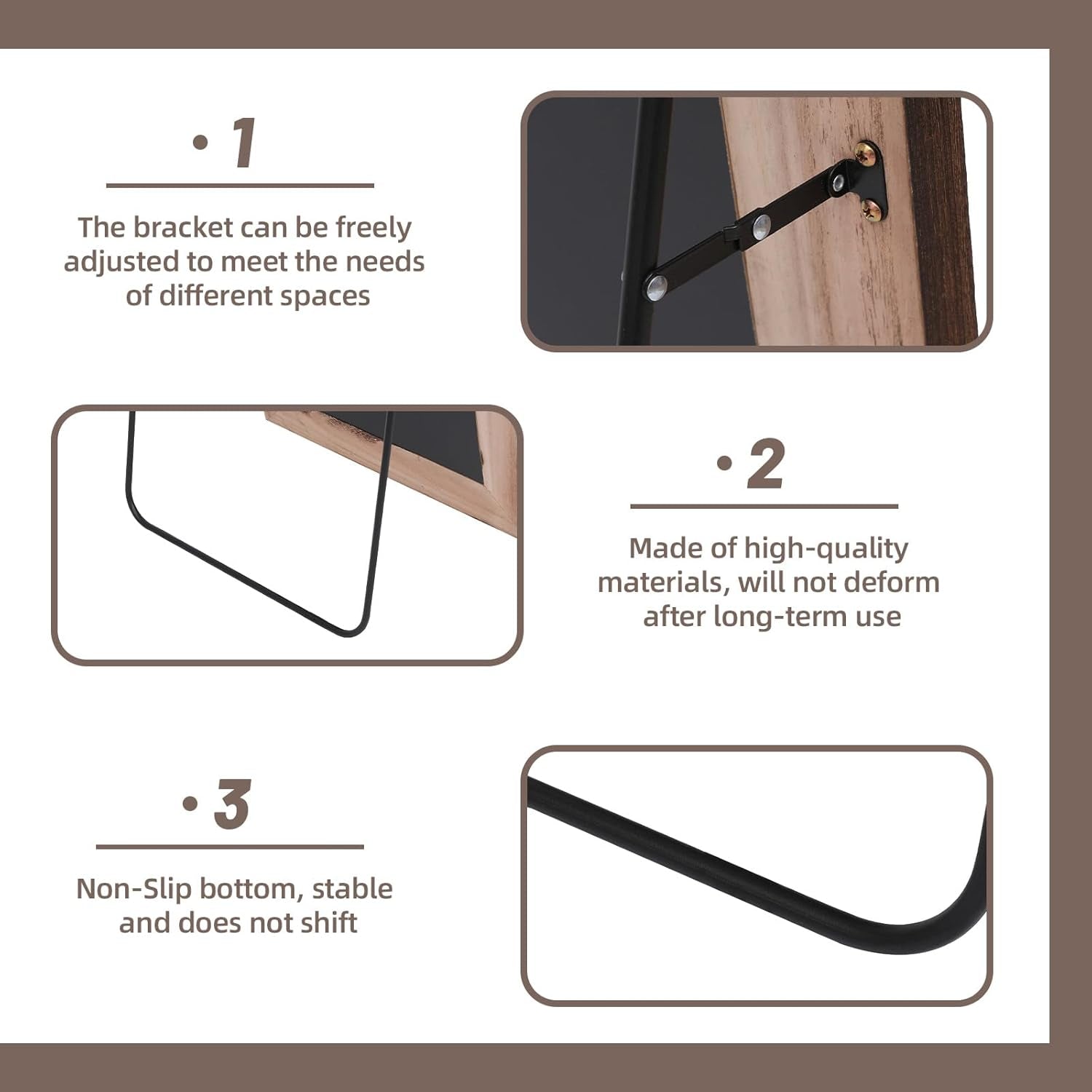 Product features of a bracket with text on a white background