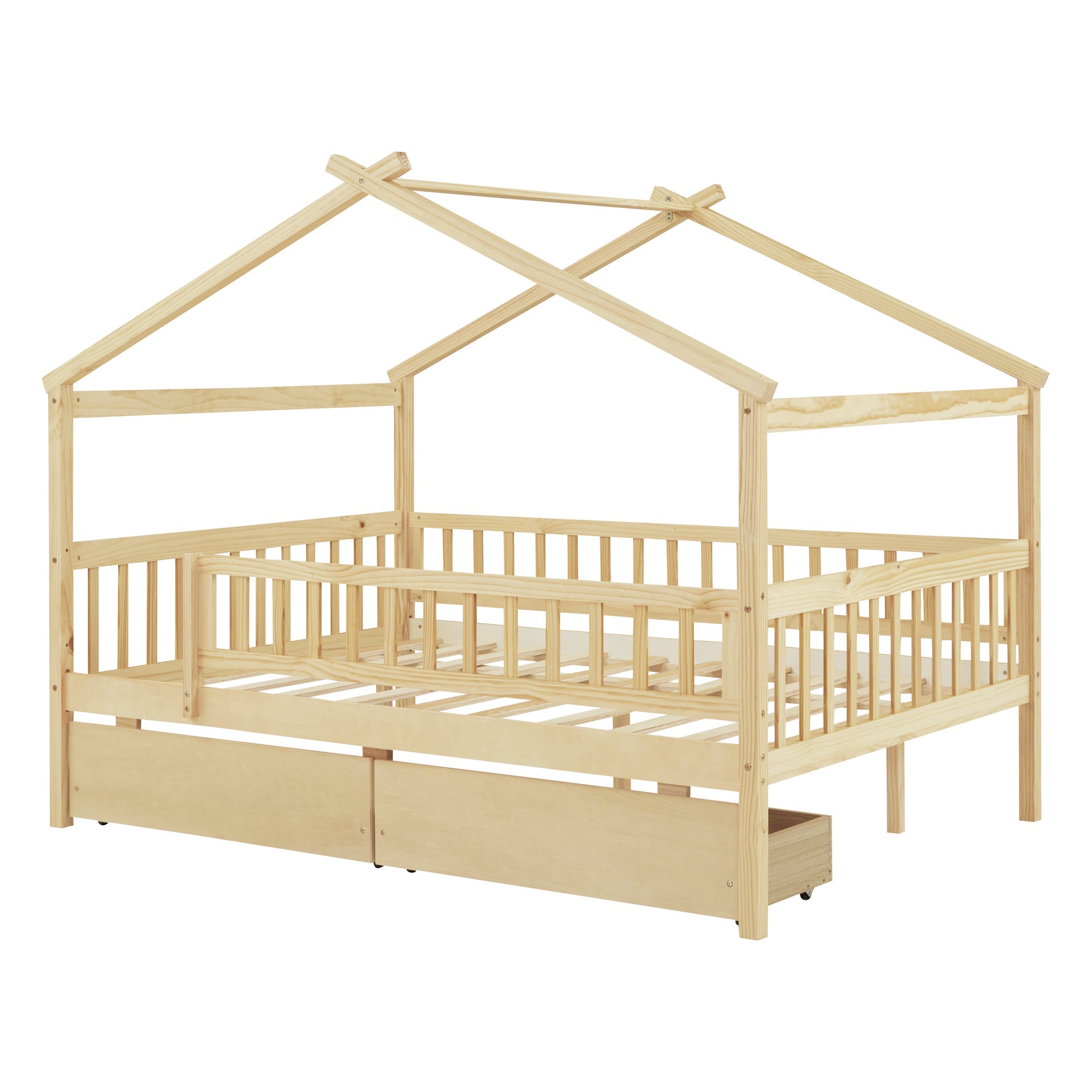 Full Size Wooden House Bed with Two Drawers