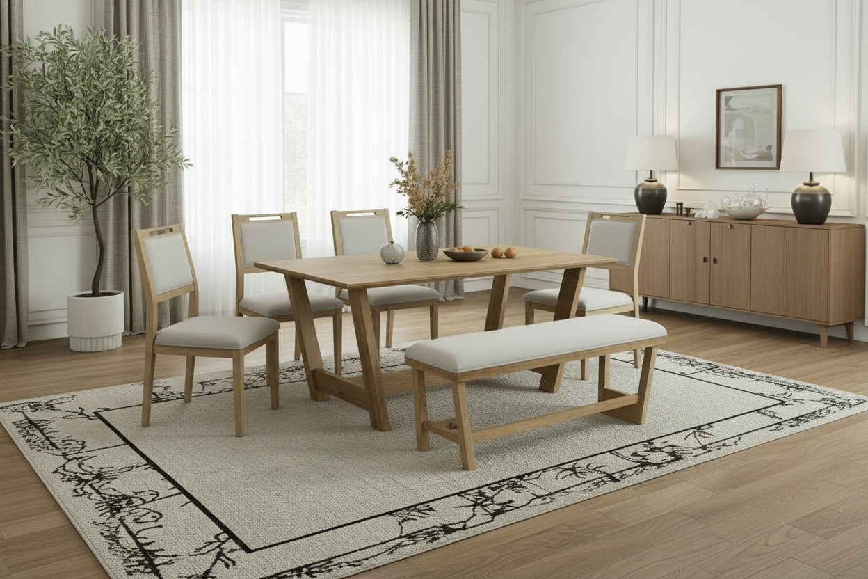 Dining table set with chairs and bench in a room setting, featuring notable details.
