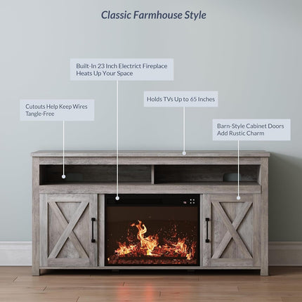 Barn Door Wood Electric Fireplace TV Stand for Tvs up to 65 Inches Open Shelves and Cabinets Media Entertainment Center Console Table - Corin (Gray Wash)