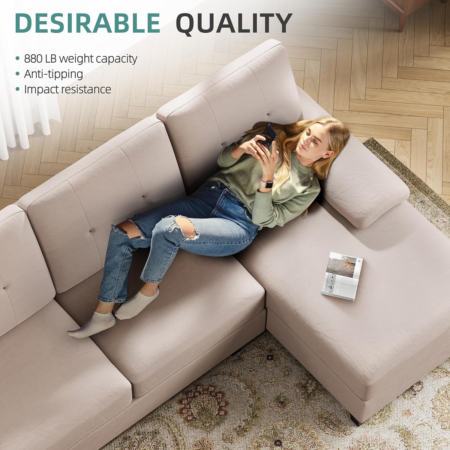 Dark Beige U Shaped Sectional Sofa With Chaise 4 Seats-2