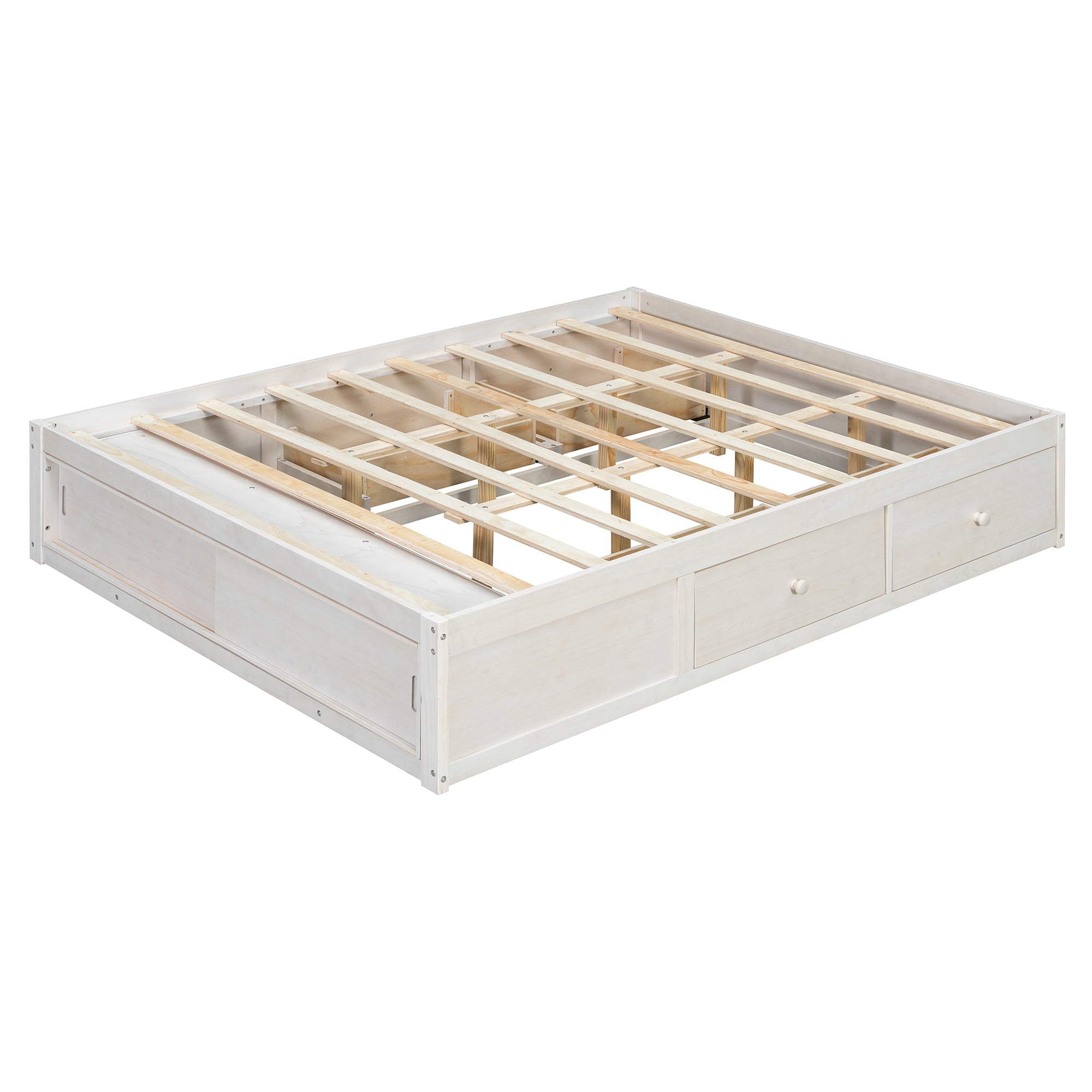 Platform Bed Frame with 4 Storage Drawers and Footboard Storage Cubby,