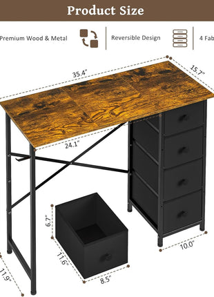 Computer Desk with 4 Fabric Drawers, 35.4 Inch Small Home Office Writing Desk, Simple Table PC Desk for Small Places, Kids Girls Teen Study Writing Desk for Bedroom Dorm Rustic Brown-1