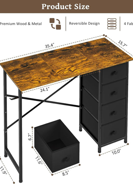 Computer Desk with 4 Fabric Drawers, 35.4 Inch Small Home Office Writing Desk, Simple Table PC Desk for Small Places, Kids Girls Teen Study Writing Desk for Bedroom Dorm Rustic Brown-1