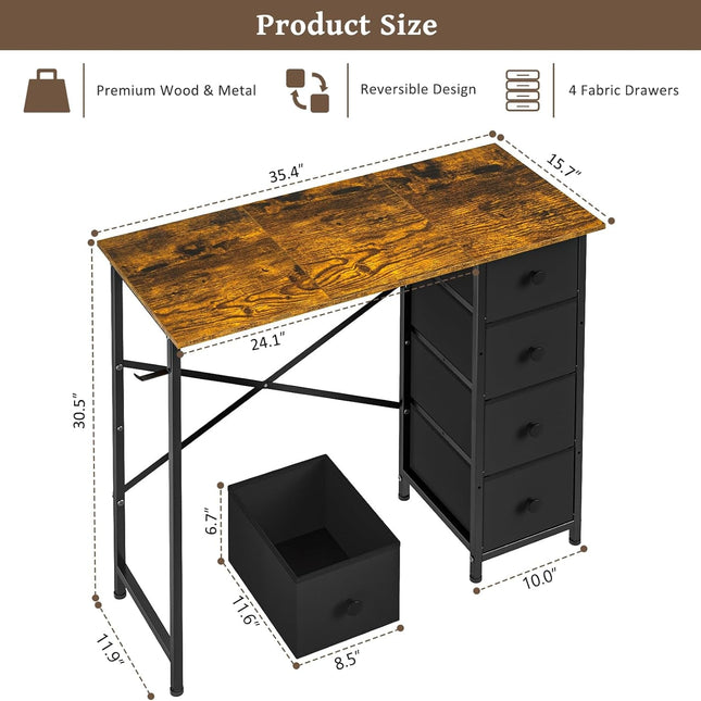 Computer Desk with 4 Fabric Drawers, 35.4 Inch Small Home Office Writing Desk, Simple Table PC Desk for Small Places, Kids Girls Teen Study Writing Desk for Bedroom Dorm Rustic Brown-1
