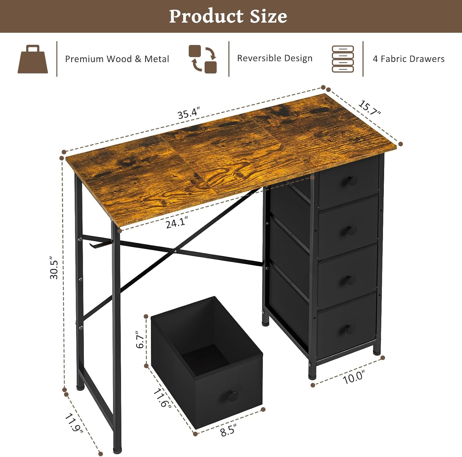 Computer Desk with 4 Fabric Drawers, 35.4 Inch Small Home Office Writing Desk, Simple Table PC Desk for Small Places, Kids Girls Teen Study Writing Desk for Bedroom Dorm Rustic Brown-1