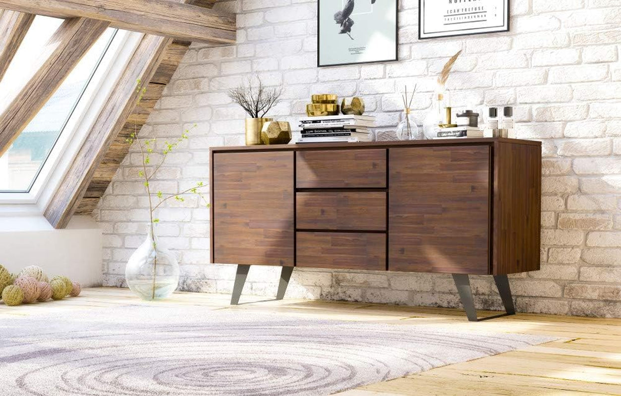 Solid Acacia 60 Inch Modern Sideboard Buffet With Wine Rack
