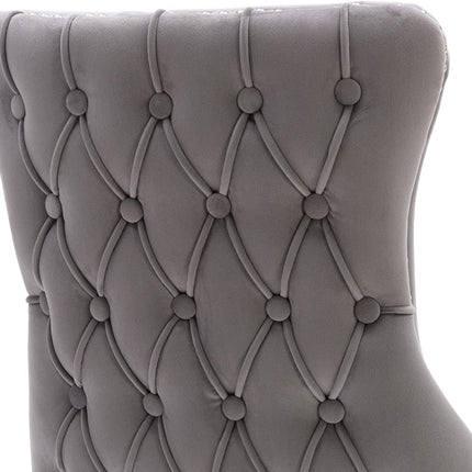 Set of 2 Light Gray Velvet Tufted Wingback Dining Side Chairs, Nailhead, Solid Wood Legs-4