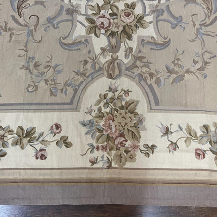Aubusson Needlepoint Rug 9x12, VIntage Handmade Wool Beige Floral European Elegant Rug 9 x 12, Floral Roses-4