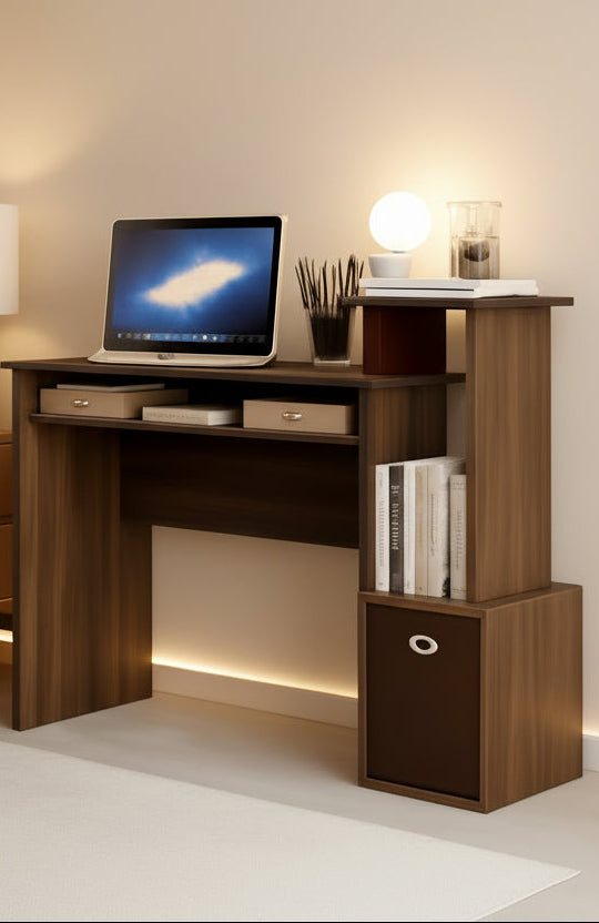Wooden desk with a laptop, books, and decorative items in a room setting.