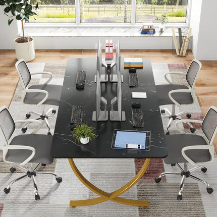 Executive Desk, 63” W X 31.5” D Large Office Desk, Modern Computer Desk Conference Table Meeting Room Table, Business Furniture for Home Office, Black and Gold-4