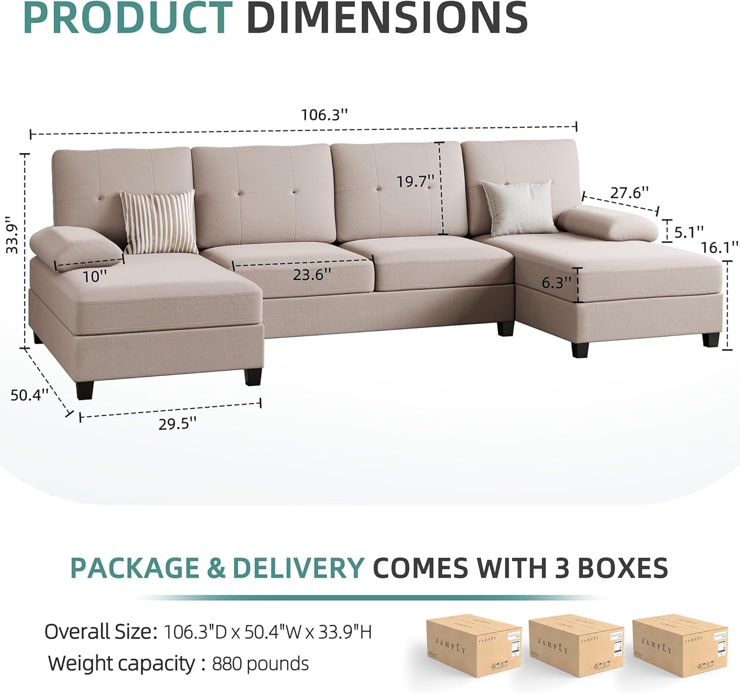 Dark Beige U Shaped Sectional Sofa With Chaise 4 Seats-1
