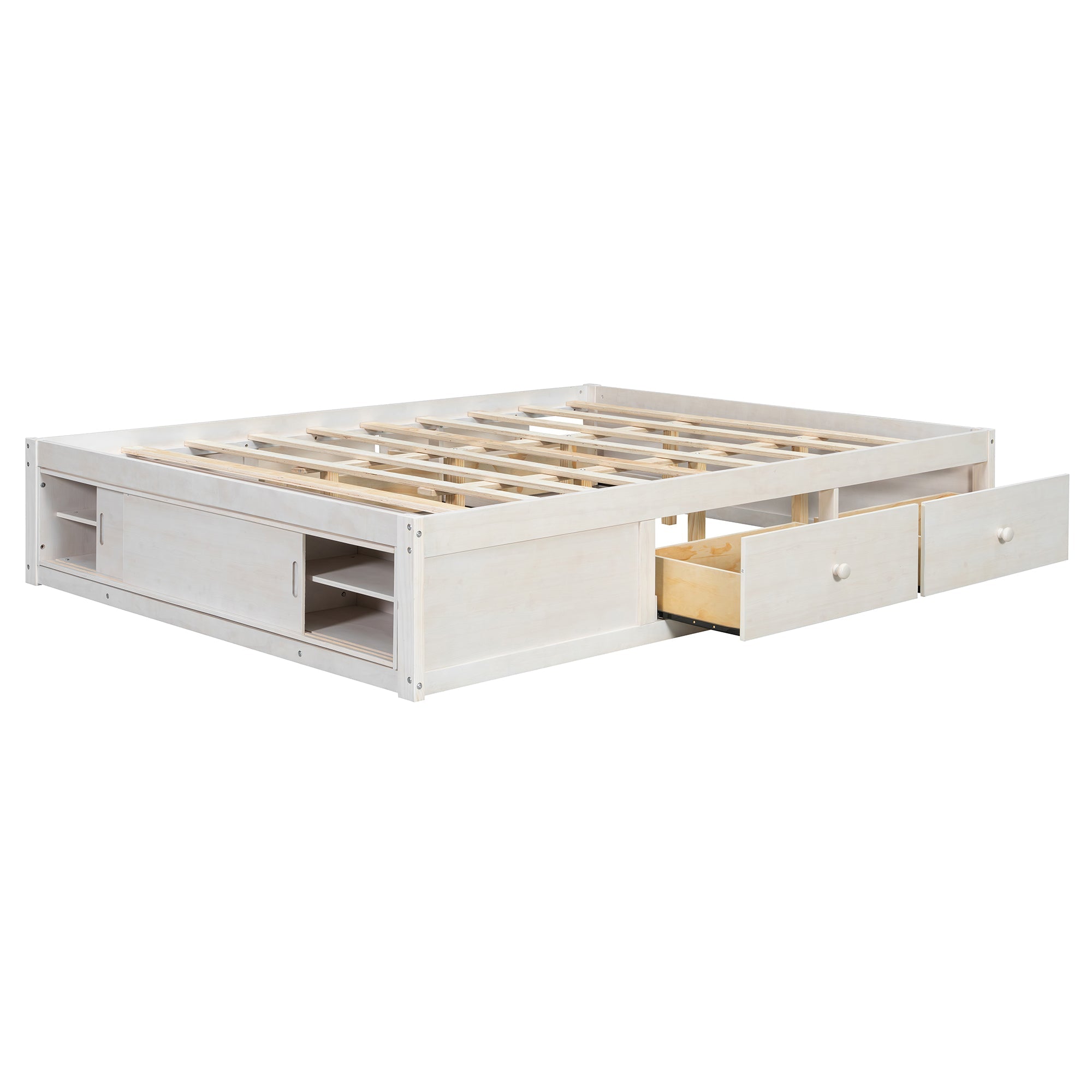 Platform Bed Frame with 4 Storage Drawers and Footboard Storage Cubby,