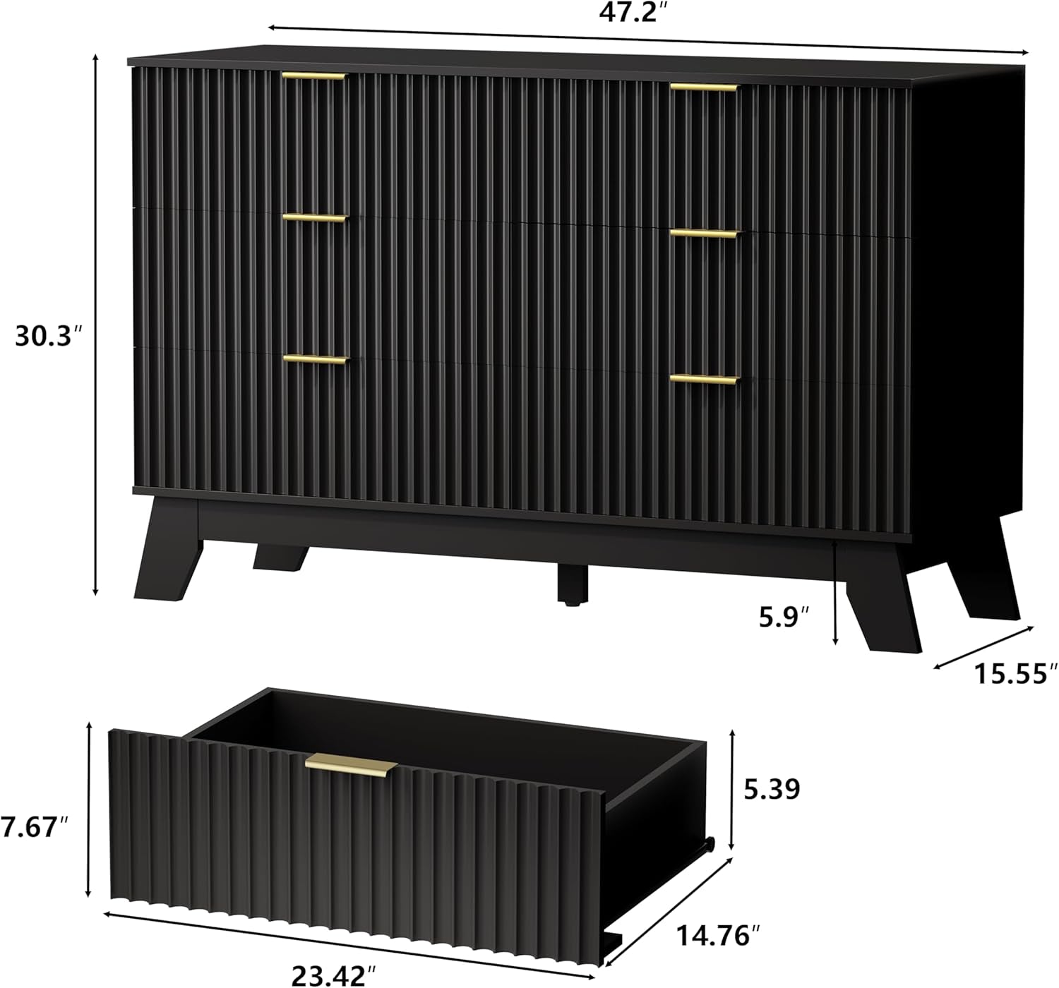 6 Drawer Dresser In Natural Wood With Fluted Front And Gold Handles
