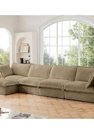 Slipcovered L Shape Sectional Long Sofa Couch, 4 Seater Sofa with Suppleness Armrests,Deep Seat Sofa with 2 Big Pillows, Comfy Couch for Living Room, Apartment, Camel Corduroy Fabric-2