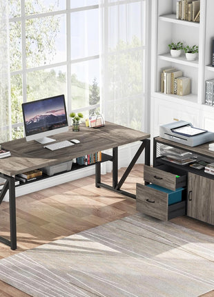 L Shaped Desk with Drawer Cabinet, 63" Executive Computer Desk and Lateral File Cabinet, 2 Piece Home Office Furniture with Drawers for Hanging File, Doors with Locks (Gray, 63 Inches)-2